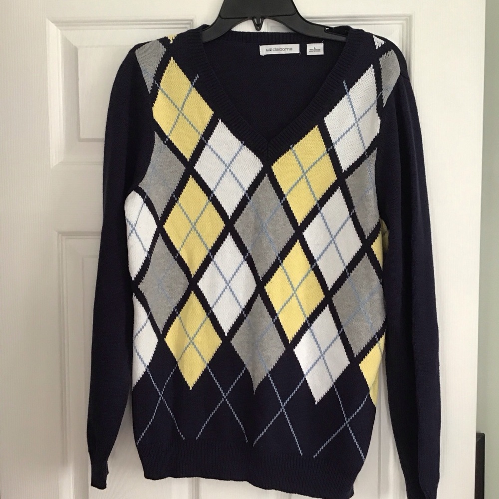 Liz Claiborne Long Sleeve Sweater V Neck Blue With Yellow Womens Large Pullover